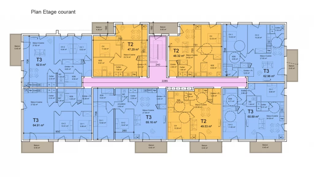 Plan des appartements de l'étage courant Collectif Pluneret