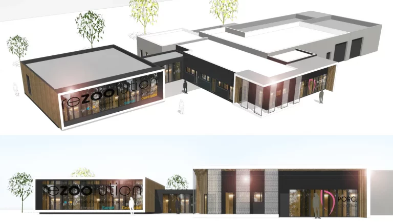 3D du projet d'extension de l'Entreprise Porc.Spective Rézoolution, vue aérienne et façade, Noyal-Pontivy, Morbihan