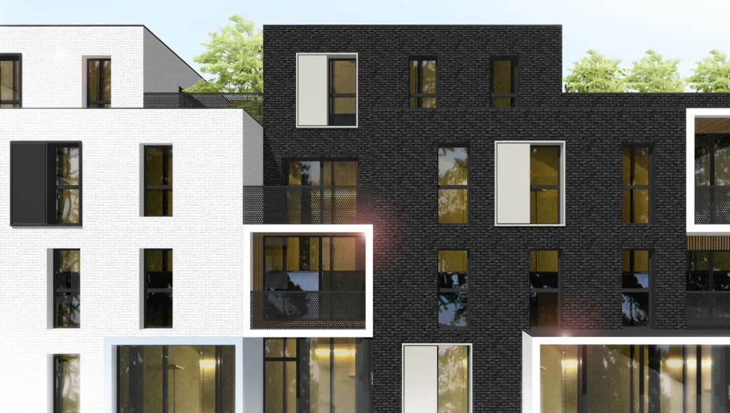 3D d'une étude pour un bâtiment de logements collectifs 01d, avec détail de façade