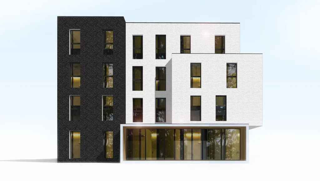 3D d'une étude d'un bâtiment de logements collectifs 01f, façade nord