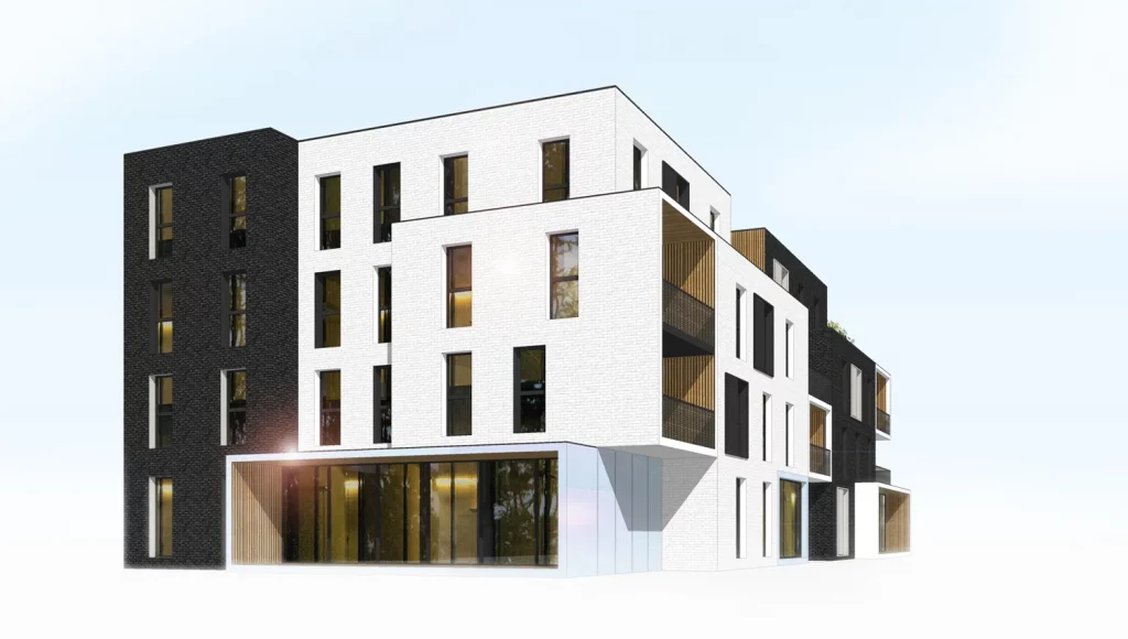 3D d'une étude d'un bâtiment de logements collectifs 01g, angle Sud Ouest