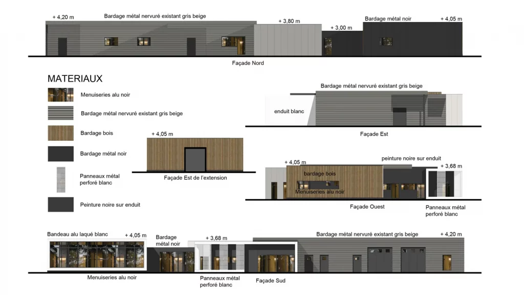 Elévations du projet d'extension de l'Entreprise Porc.Spective Rézoolution, Noyal-Pontivy, Morbihan