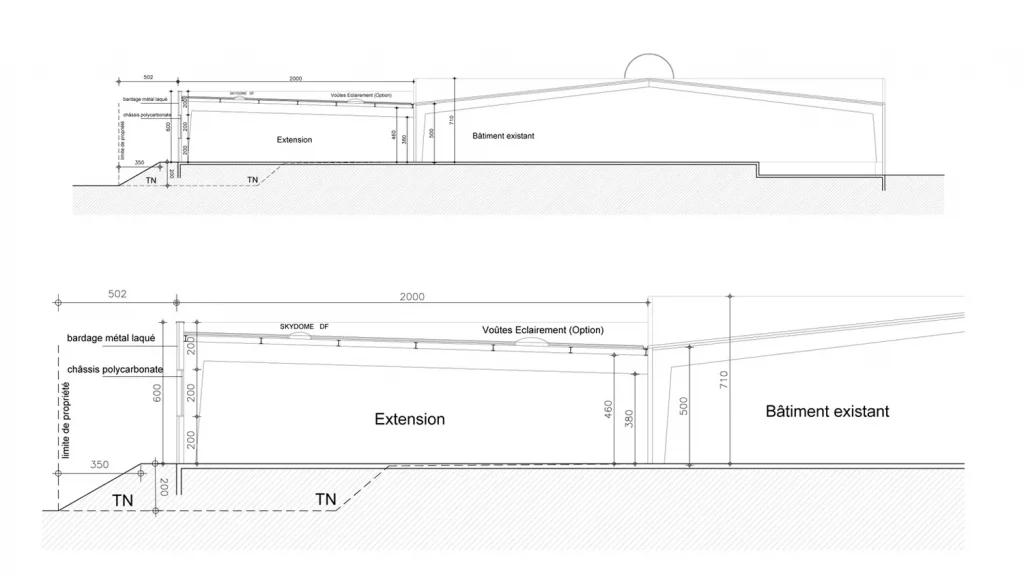 Coupe du projet d'extension Menuiserie Marzin, Chateaulin, Finistère