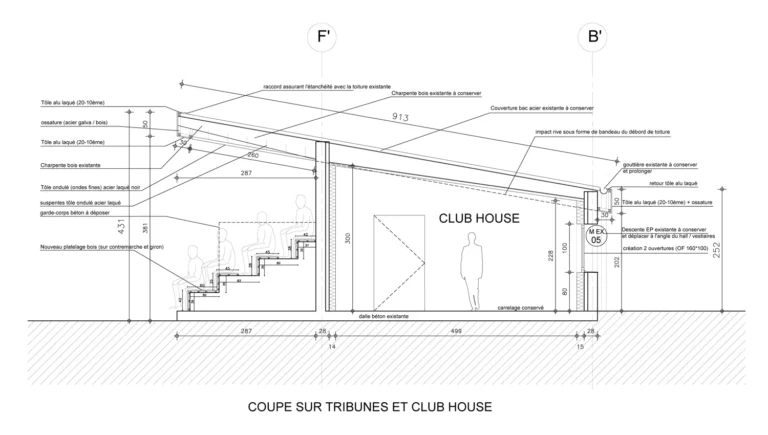 Plan en coupe des tribunes de Loperhet réanovées